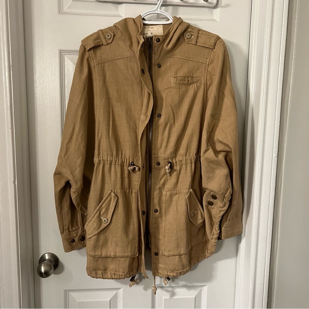 Free People camel brown Anorak Hooded Full Zip Poncho Jacket size Medium
